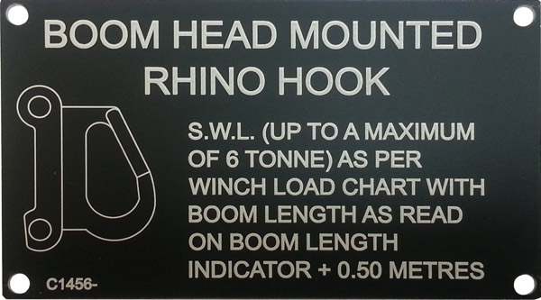 Boom Head mounted Rhino Hook Specifications  tag laser engraved on black anodised aluminium 